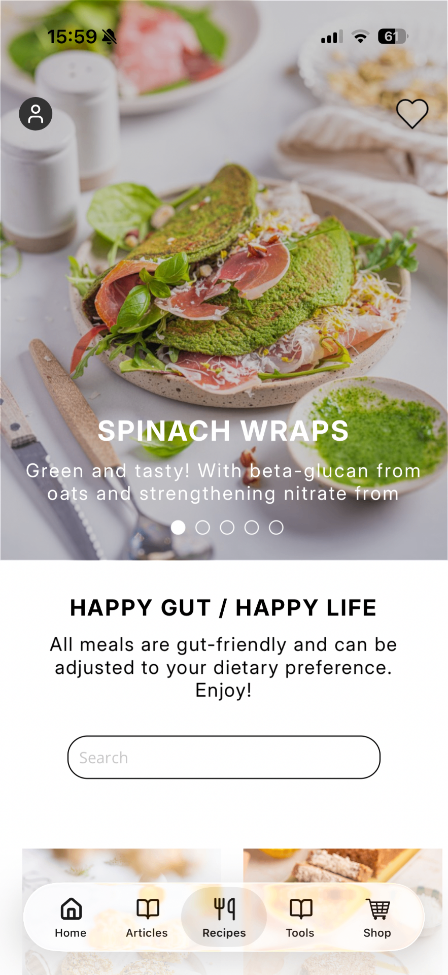 GutWise app screen showing gut-friendly recipes